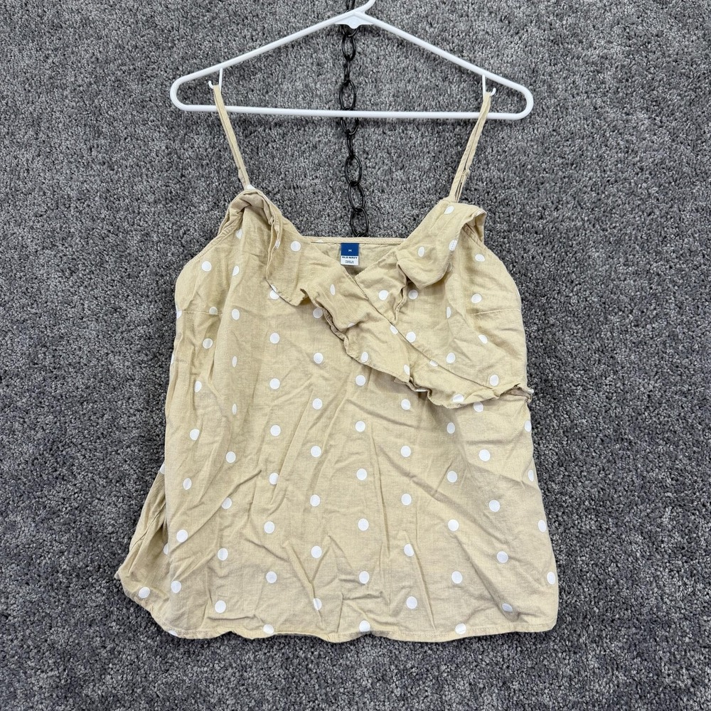 Old Navy Tank Top Womens Medium Beige Polka Dot Ruffle Cami Linen Blend